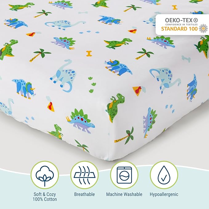 Wildkin 100% Cotton Toddler Sheet Set – Soft & Cozy Bed Sheets - Dinosaur Land