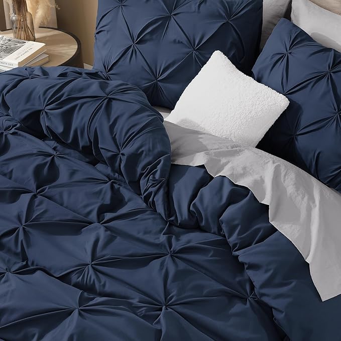 Litanika Navy Blue Oversized Queen Pinch Pleat Duvet Cover, 3 Pieces Pintuck Cover Soft Microfiber Bedding Set with Zipper Closure & Corner Ties(1 Duvet Cover, 2 Pillowcases)