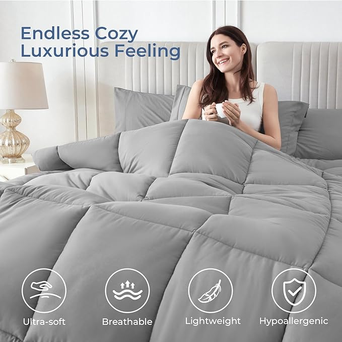 Sasttie Full Size Comforter Sets, 7 Pieces Bed in a Bag Full, Complete Bedding Set Includes Comforter, Flat Sheet, Fitted Sheet, Pillowcases and Pillow Shams, Light Grey