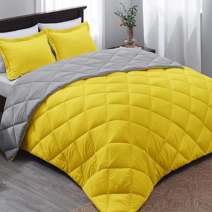 Basic Beyond King Size Comforter Set - Yellow and Gray Comforter Set King, Reversible King Bed Comforter Set for All Seasons, Yellow/Grey, 1 Comforter (104"x92") and 2 Pillow Shams (20"x36"+2")