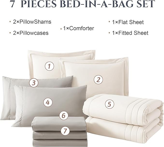 Monbix California King Size Comforter Set - 7 Pieces Bed in a Bag California King, White Bedding Sets with Comforter, All Seasons Comforter Bed Set with Sheets, Pillowcases & Shams