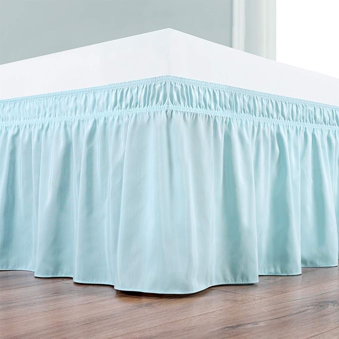 Bed Skirt - Wrap Around Bed Skirts Elastic Dust Ruffles, Easy Fit Wrinkle and Fade Resistant Luxurious Fabric Solid Color, Light Blue Queen XL Size Beds 15 Inch Drop
