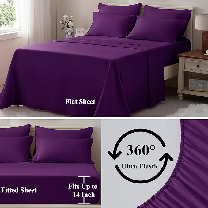 ELNIDO QUEEN® Purple King Size Comforter Set - 7 Pieces Comforter King Size, Ultra Soft Bed in a Bag Bedding Sets with All Season Comforter, Flat Sheet, Fitted Sheet and Pillowcases and Shams