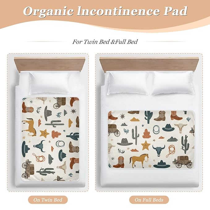 Waterproof Bed Pad Reusable Changing Pad Toddler Mattress Protector Large Pee Pad Baby Diaper Pad Soft Washable Liner Ivory Bull Cactus Western