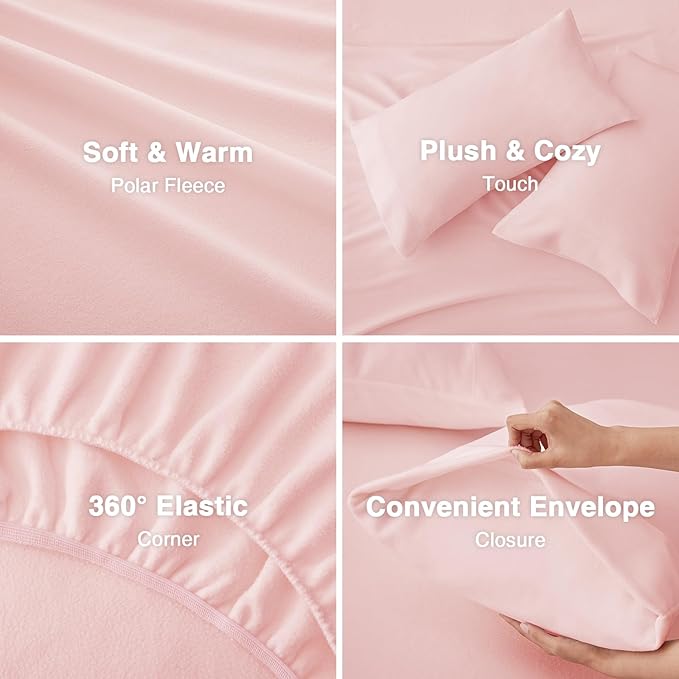 Love's cabin Fleece Twin Sheet Set - 3 Pcs Pink Super Soft Plush Polar Fleece Bed Sheets Set with 16" Deep Pocket,Cozy Warmth for Cold Season(1 Flat Sheet,1 Fitted Sheet,1 Pillow Case)