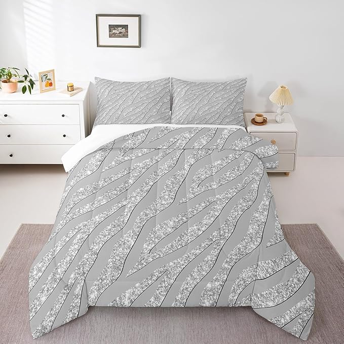 Feelyou Leopard Print Comforter Set Grey Silver Zebra Print Bedding Set Cheetah Glitter Comforter for Kids Boys Girls Women Africa Animal Fur Quilt Room Decor Duvet Set for All Season Twin Size Boys