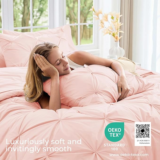 Sasttie King Size Comforter Set, 7-Piece Bed in a Bag, Pintuck Bedding Set for All Season, Includes Comforter, Flat Sheet, Fitted Sheet, Pillowcases and Pillowshams, Blush Pink