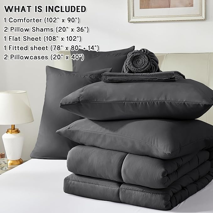 Anluoer King Size Bed in a Bag 7 Pieces, Dark Grey Bed Comforter Set with Sheets, All Season Bedding Sets with 1 Comforter,2 Pillow Shams,2 Pillowcases, 1 Flat Sheet, 1 Fitted Sheet