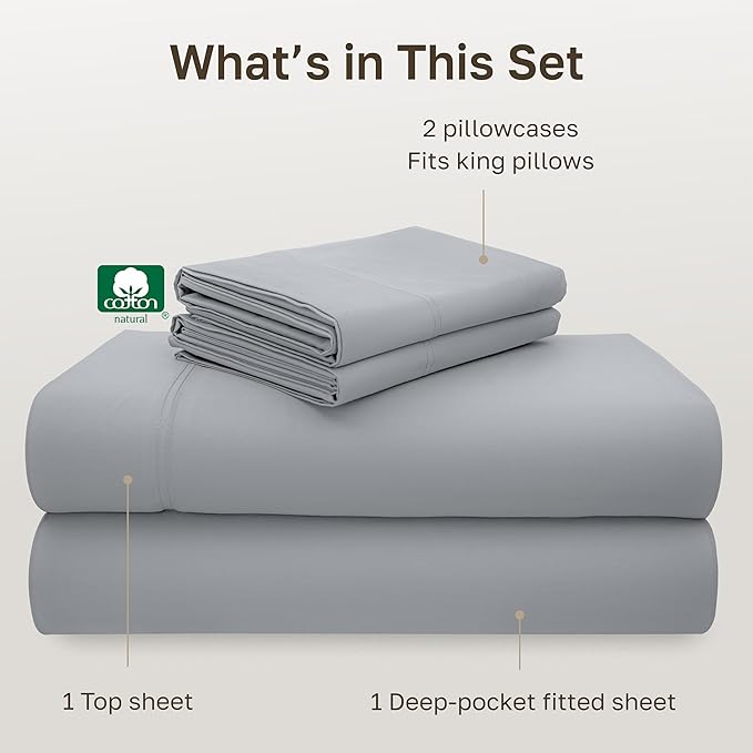 California Design Den Deep Pocket King Sheets Set - Luxury 600 Thread Count 100% Cotton Sateen, King Size Sheet Set with All Around Elastic for a Snug Fit, Hotel Quality Bedding - Light Grey