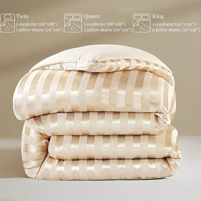 Whale Flotilla 3-Piece Reversible Silky Soft Queen Comforter Set, Luxury Stripe Satin Comforters Full Size Bedding Set with 2 Satin Pillowcases, Lightweight Duvet for All Seasons, Champagne
