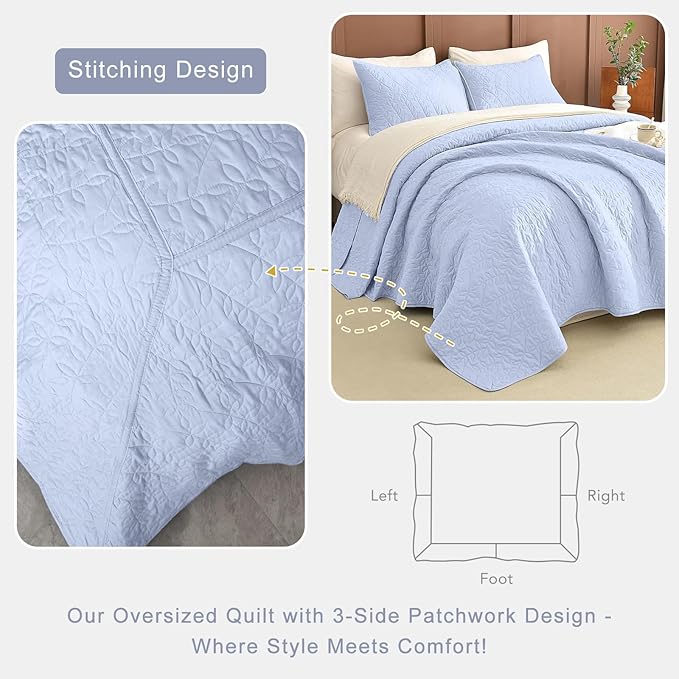 Lady Ann Light Blue Oversized King Bedspread 128x120, Leaves Pattern Printed Oversized King Quilt Set for Extra Large Bed, Lightweight & Soft Farmhouse Bedspreads & Coverlets, 3PCS
