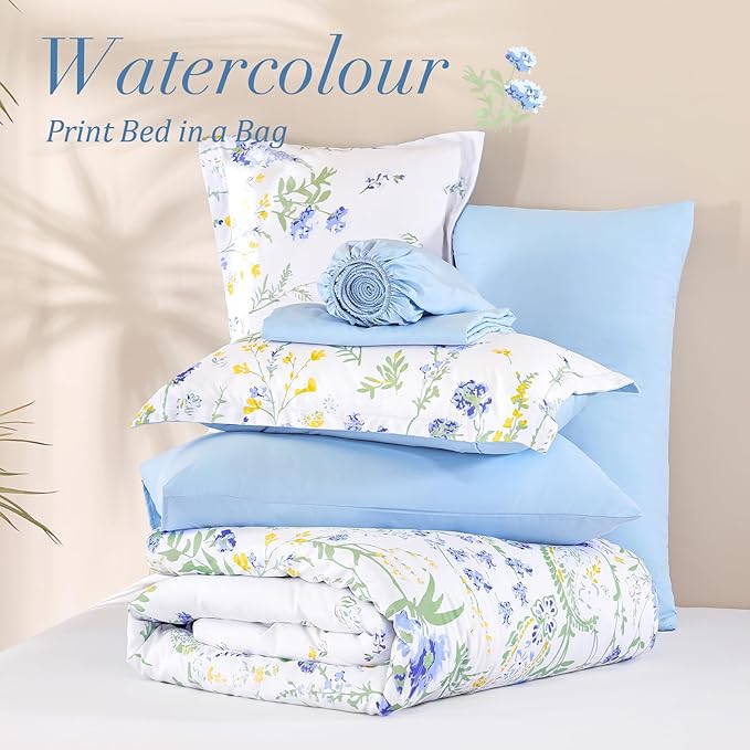 Yiran Blue Floral Comforter Set Queen Size, 7 Piece Watercolour Botanical Comforter Bedding Set, Bed in a Bag Queen, Soft Microfiber Complete Bedding Set with Sheets for All Season