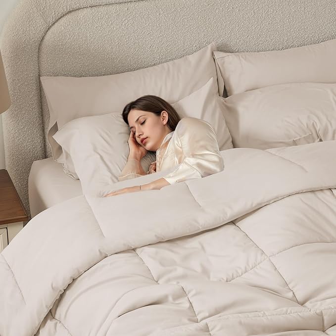 Anluoer Twin Size Bed in a Bag 5 Pieces, Beige Bed Comforter Set with Sheets, All Season Bedding Sets with 1 Comforter, 1 Pillow Sham, 1 Pillowcase, 1 Flat Sheet, 1 Fitted Sheet