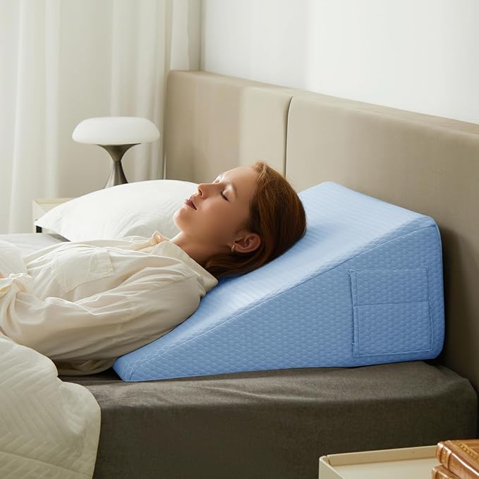 Bedluxe Wedge Pillow, 10 inch Bed Wedge Pillow for Headboard, Pillow Wedge for Acid Reflux Relief, Sleeping, After Surgery, Snoring, Gerd, Triangle Pillow Wedge - Cooling Memory Foam Top, Light Blue