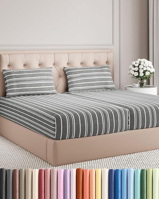 Split King Size 5 Piece Sheet Set - Comfy Breathable & Cooling Bed Sheets Set - Hotel Luxury Bedding for Women, Men, Kids, Teens, Boys & Girls - Deep Pockets & Wrinkle Free - Oeko-Tex - Grey Stripes 3