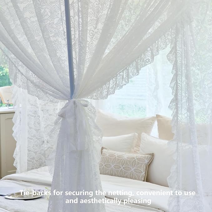 AIKASY Elegant Lace Princess 4-Poster Bed Canopy Mosquito Net - Romantic Wedding Bridal Bedroom Decor, Kids Room Bed Curtain for Women Adults - (White-3,Twin)