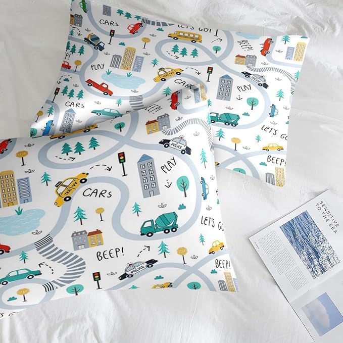 Comforter Set Full Size, Cute Car City 7 Pcs Bedding for Kids and Adults, Cartoon Tree Truck Bed Sheet Sets with Fitted Sheet 2 Pillowcases & 2 Shams for Bedroom Bed Decor