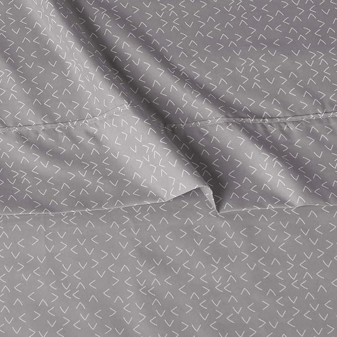 Amazon Basics Lightweight Wrinkle Free Breathable Microfiber 4 Piece Bed Sheet Set with 14-Inch Deep Pockets - Queen, Grey Arrows, Printed