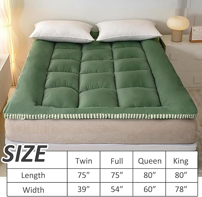 Thick Mattress Topper King Size - Non-Slip Mattress Pad Cover for Back Pain Breathable Folding Sleeping Pad Machine Washable Mattress Protector (78x80 inch,Green)