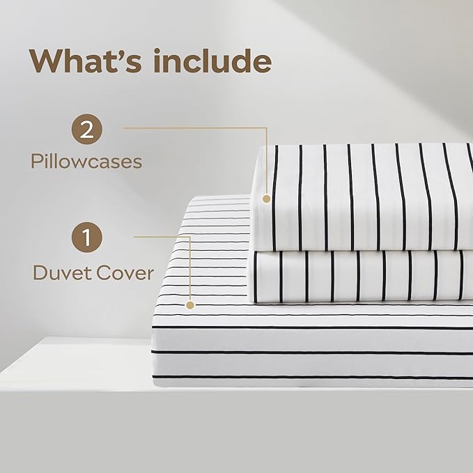 JELLYMONI 100% Natural Cotton 3pcs Striped Duvet Cover Sets, White Duvet Cover with Thin Black Stripes Pattern Printed Comforter Cover, with Zipper Closure & Corner Ties(Queen Size)