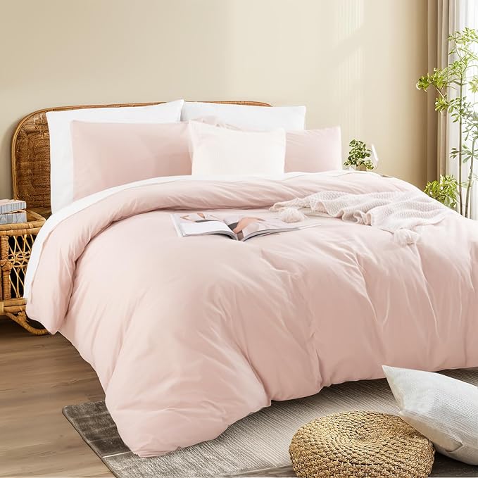 NEXHOME PRO Duvet Cover Set King Size Linen Look Textured Organic Natural 100% Washed Cotton Duvet Cover Greyish Light Pink 3 Pieces Bedding Set with Zipper Closure, Breathable (No Comforter)
