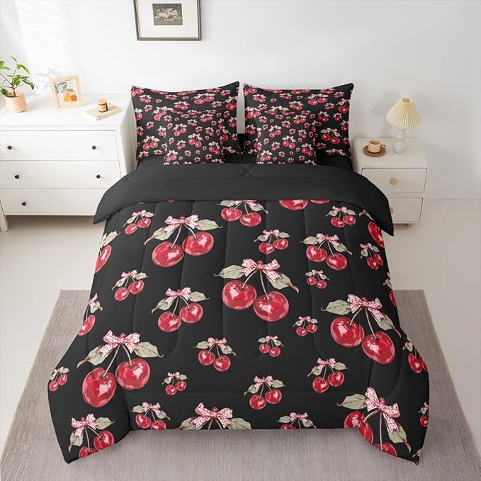 Feelyou Red Cherry Comforter Set with Sheets 7 Piece Twin Size Pink Bowknot Bedding Set for Kids Boys Girls Cartoon Cherry Bed in a Bag Cute Bow Room Decor Soft Lightweight Microfiber