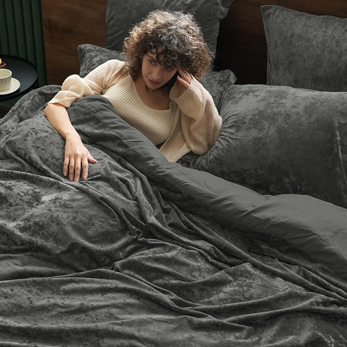 PHF Truly Velvet Duvet Cover Set Queen Size, 3pcs Ultra Soft Breathable Comforter Cover Set, Luxury Cozy Flannel Duvet Cover with Pillow Shams Bedding Collection, 90" x 90", Dark Grey