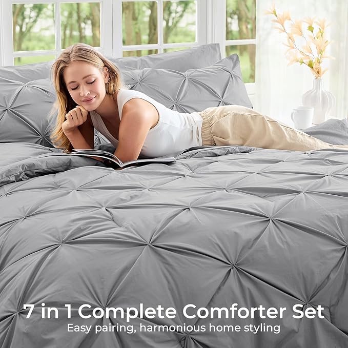 Sasttie California King Comforter Set, 7-Piece Bed in a Bag, Pintuck Bedding Sets for All Season, Includes Comforter, Flat Sheet, Fitted Sheet, Pillowcases and Pillowshams, Light Grey