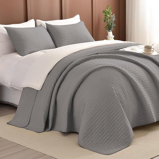 Lady Ann Gray Oversized King Bedspread 120x120, 3Pcs Extra Large Farmhouse Lightweight King Quilt Bedding Set Soft Quilted Bedspreads Thin Comforter for All Season