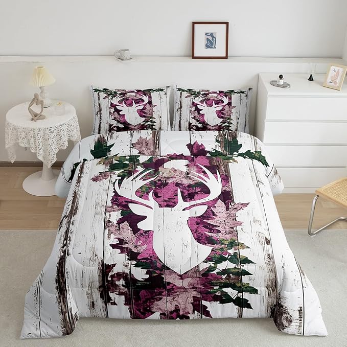Feelyou Deer Hunting Comforter Size Pink Camo Deer Bedding Set Boys Girls Deer Antlers Army Camouflage Comforter Western Duvet Insert with 1 Pillow Case