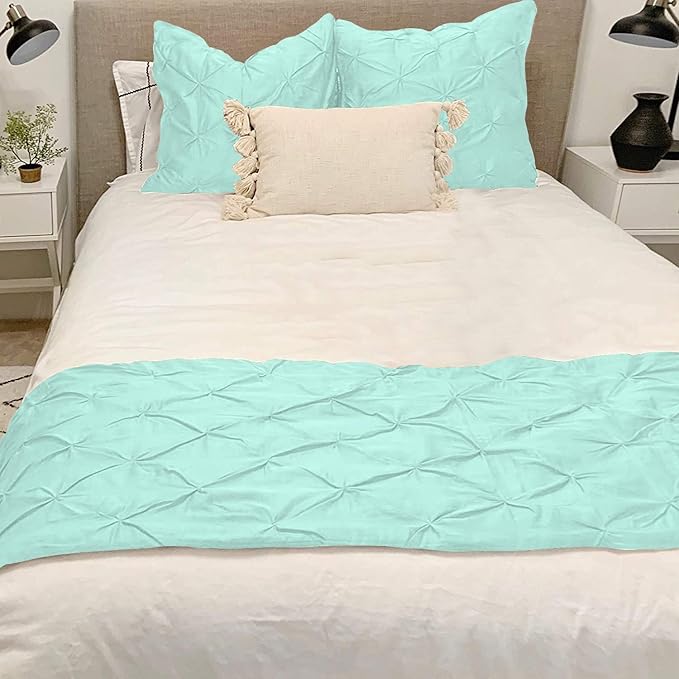 Bed Runner Set - 100% Pure Cotton 800 Thread Count - Luxury 1 Pinch Pleated Bed Runner and 4 Pillow Cover - 5 Piece Pinch Pleated Bed Runner Set Twin, Aqua