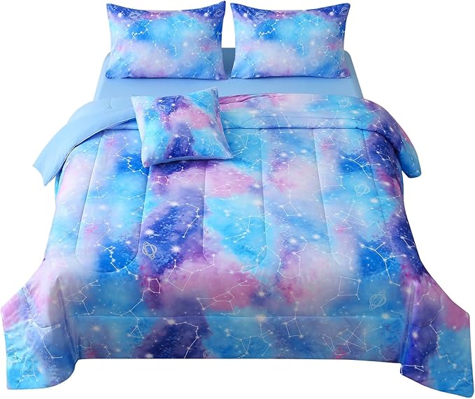 JQinHome Full Gradient Galaxy Comforter Set for Girls,6 Piece Bed in A Bag 3D Colorful Tie Dye Constellation Print Ombre Bedding Set with Sheets(Blue)