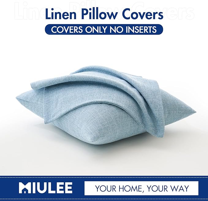 MIULEE Pack of 2 Decorative Linen Burlap Textured Pillow Covers Farmhouse Boho Accent Pillowcases Spring Coastal Home Decor for Couch Sofa Bedroom Living Room 20x20 Inch Light Blue