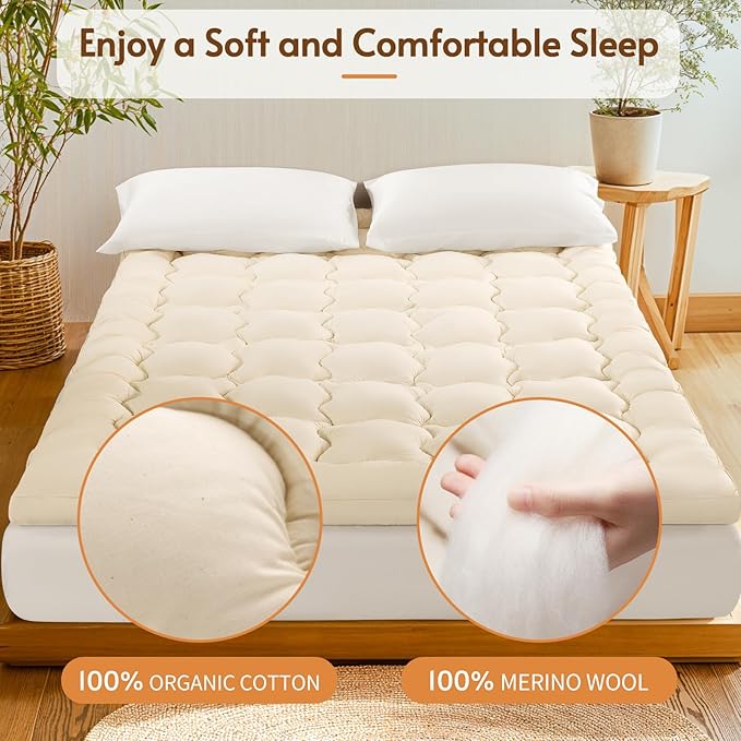 Luxury Wool Mattress Topper, Fluffy Mattress Pad with 100% Organic Cotton Cover(60"x81")