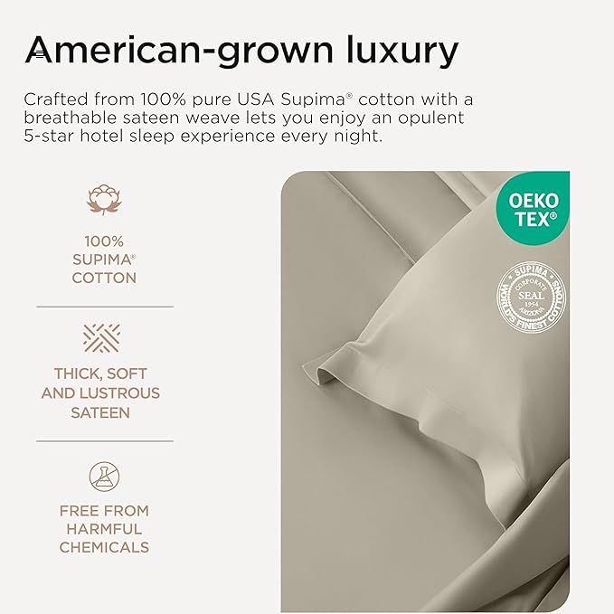 Threadmill Supima Cotton Queen Sheet Set, 1000 Thread Count Queen Sheets for Queen Mattresses, 4 Piece American Luxury Bed Sheets, Sateen Hotel Quality Sheets with Elasticized Deep Pocket, Taupe