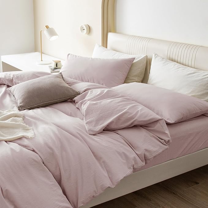 JIYUAN 100% Washed Cotton Duvet Cover Set King Size, Linen Feel Soft Breathable Bedding Set with Zipper Closure, 104x90 Duvet Cover (Comforter Not Included) & 2 Pillowcases, Heathered Greyish Pink