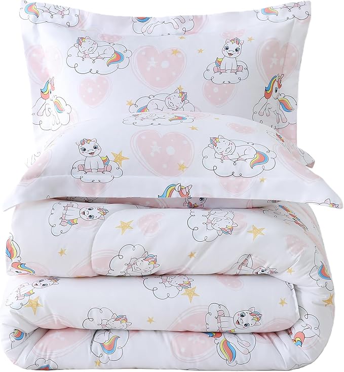 Yibeizi Full Size Bed Comforter Set, Kids Unicorn Pattern Lightweight All-Season Comforter Set Cute Pink Heart Microfiber Breathable Hypoallergenic Soft Oeko-Tex Bedding Comforter Sets