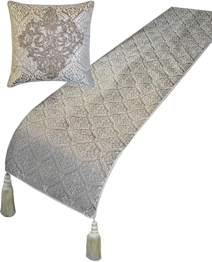The HomeCentric Gray Bed Runner for King/Queen/Twin Jacquard Decorative Bed Scarf 53"x18" Bed Runner Without Pillow Cover, Damask Bed Scarf Bedroom Décor Accent - Silver Empress