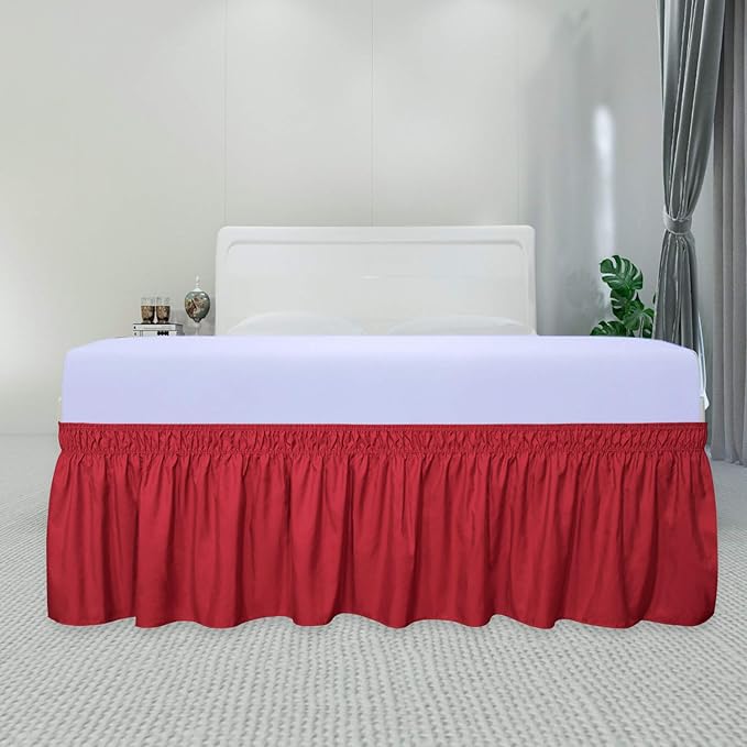 PureFit Wrap Around Ruffled Bed Skirt with Adjustable Elastic Belt - 14 Inch Drop Easy to Put On, Wrinkle Free Bedskirt Dust Ruffles, Bed Frame Cover for Queen, King and C-King Size Beds, Red