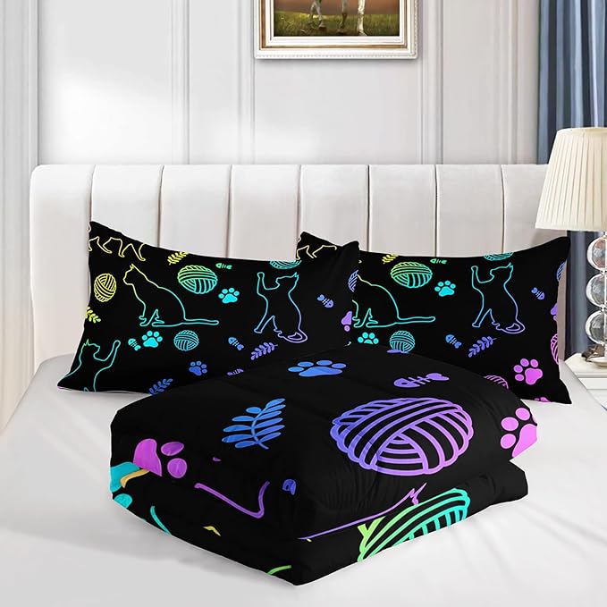 Black Cat Bedding Cartoon Cat Comforter Set Queen,Neon Cat Paw Ball of Yarn Printed Kids Bedding for Cat Lover Boys Girls Adults Room Decor,Kids Comforter,1 Quilt 2 Pillow Cases,Neon Color Purple Blue