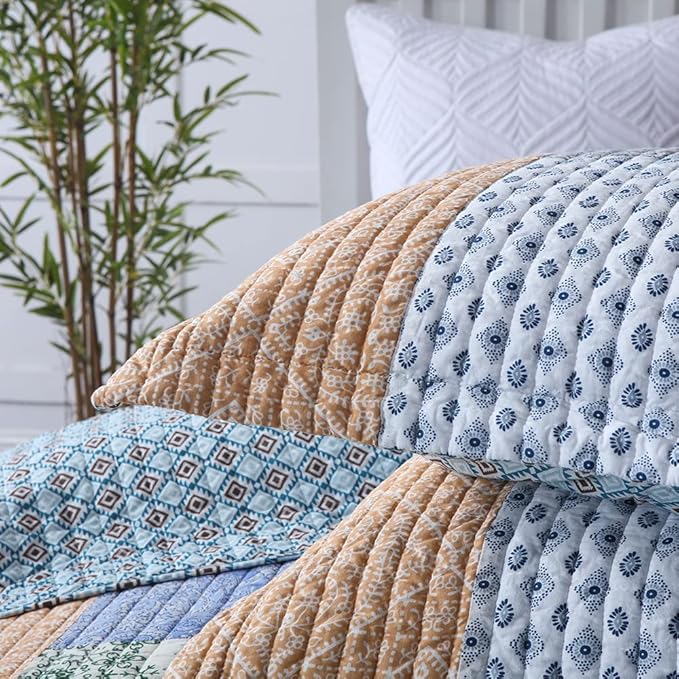 Autumn Dream Cotton Bedspread Quilt Sets Reversible Bedding Coverlet Sets Comforter, Vintage Floral Paisley Patchwork Bohemian Blue Bedspread, King Size | Breathable material, Reversible, Handmade patchwork, Soft durable, Jacquard stitching, Machine wa...