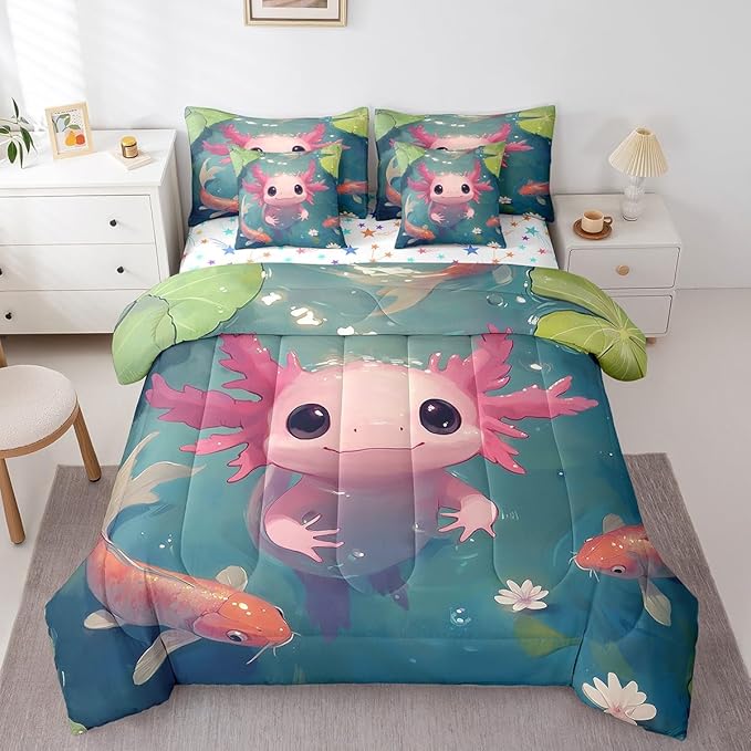 Feelyou Kids Cute Axolotl 7 Pieces Bedding Set King Size, Cartoon Salamander Bed in A Bag Ocean Sealife Comforter Set with Sheets Boys Girls Kawaii Animal Teens Bed Set Bedroom Decor 7Pcs