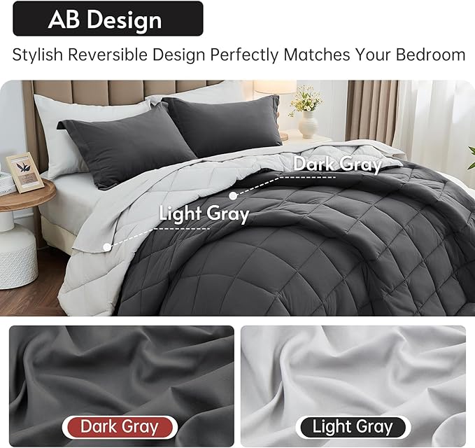 MUXHOMO 7 Pieces California King Comforter Set, Reversible Bed in a Bag Cal King Size, All Season Bedding Set with Comforter, Flat Sheet, Fitted Sheet, Pillowcases & Shams, Dark Grey & Light Grey