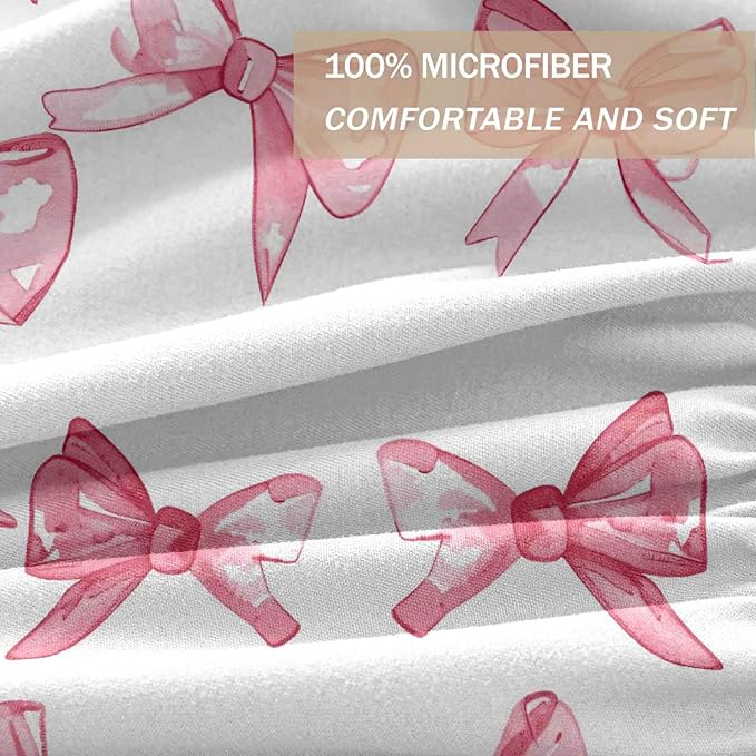 Nanko Pink and White Duvet Cover Set Full Size, Elegant Bow Print Pattern, Soft Microfiber Comforter Bedding Cover with Zip Ties - Modern Luxury Bed Romantic Bedroom Decor for Women Teen, 3Pcs 80 x90
