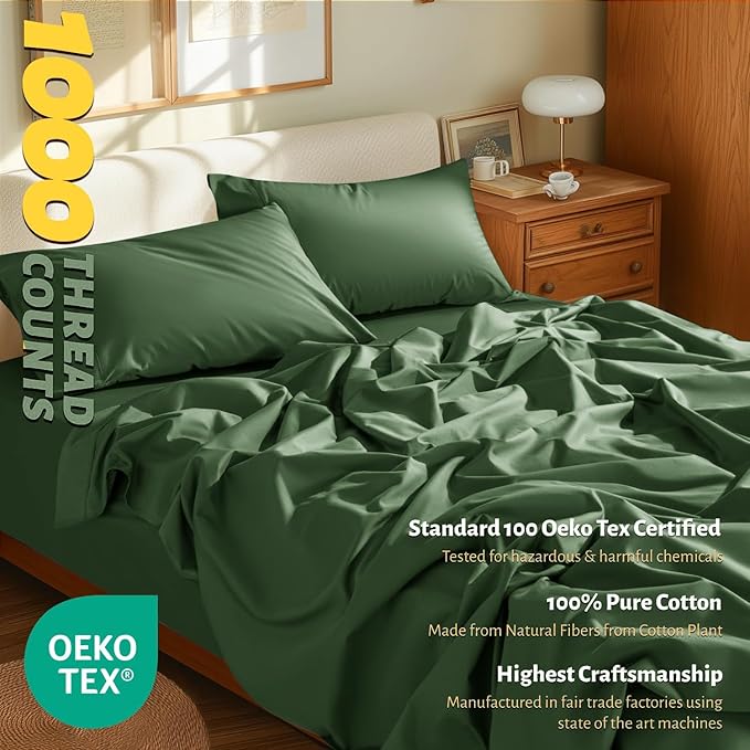 Shilucheng 100% Egyptian Cotton King Size Sheets Set - 1000 Thread Count，Luxury Cotton Bed Sheets，Breathable & Cooling Bedding and Pillow Cases, 16 Inch Deep Pocket - 4 Piece(Olive Green,King)