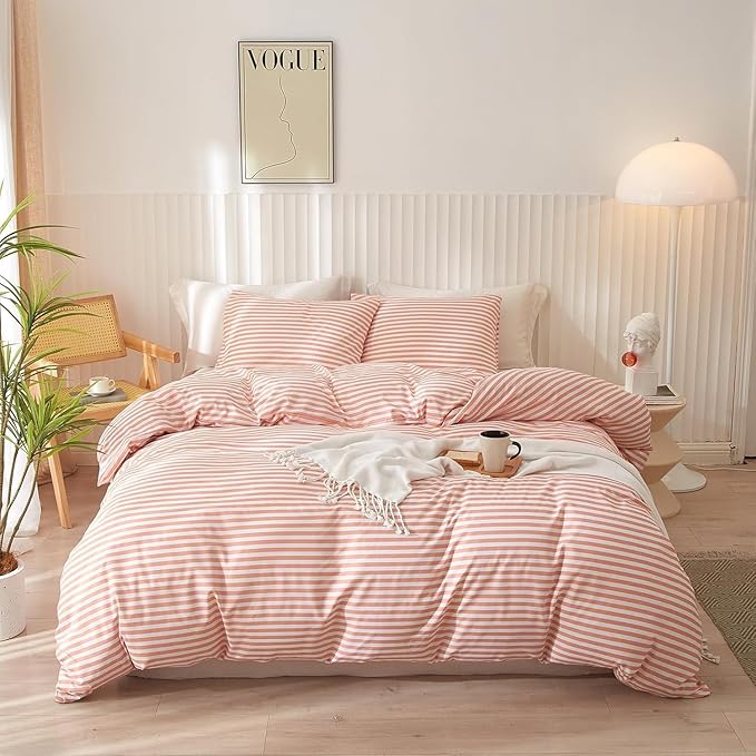 LifeTB Striped Comforter Set Twin XL Modern Style Pink White Stripes Pattern Comforter Set Fluffy Boho Comforter with 2 Pillowcases Teens Girls Cozy Dorm Bedding Twin XL Bed Comforter for All Season