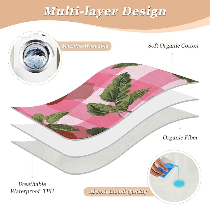 Waterproof Bed Pad Reusable Changing Pad Toddler Mattress Protector Large Pee Pad Baby Diaper Pad Soft Washable Liner Pink Cute Checkered Tomato