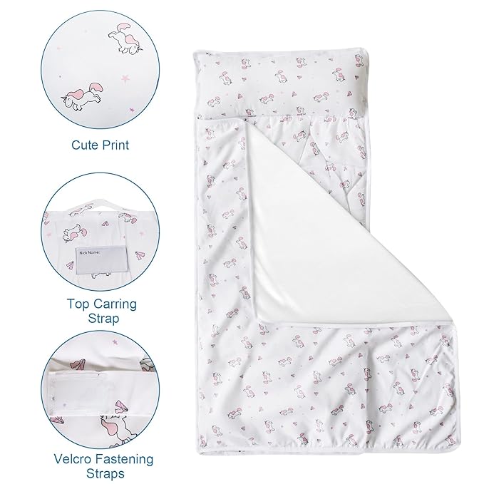 Toddler Nap Mat with Blanket 50" x 21" x 1.5", Nap Mat for Boys Girls Super Soft and Cozy, Kids Sleeping Bag for Preschool, Daycare, Toddler Sleeping Bag, White Horse