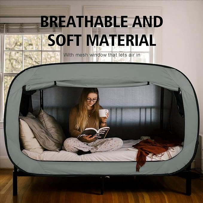 Bed Tent Twin Bed Canopy Portable Dream Tent for Adult Indoor Sleeping Tents with 2 Doors Breathable Private Space Tents, Grey