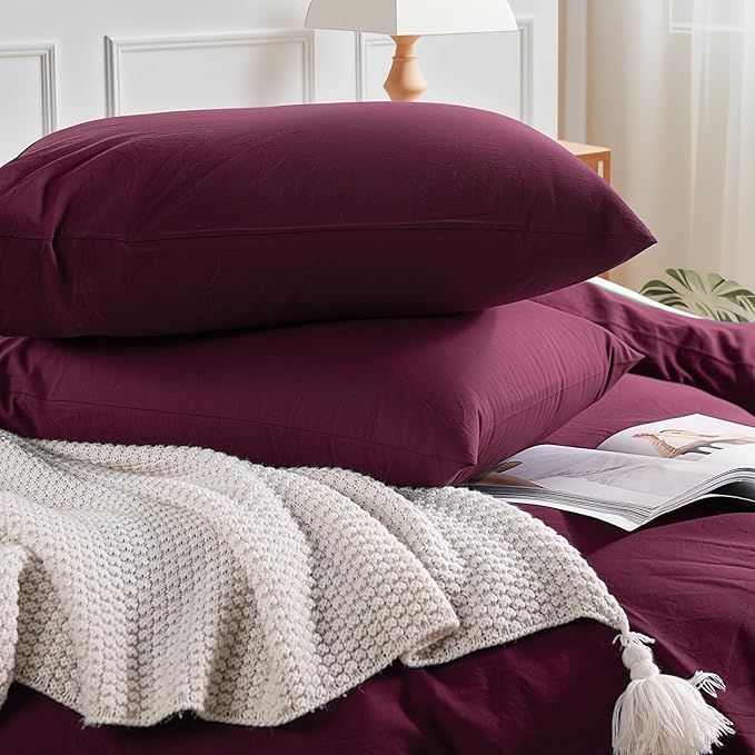 NEXHOME PRO 100% Washed Cotton Duvet Cover Twin Size, Ogranic Natural Linen Feel Breathable Bedding Set with Zipper Closure, 2 Pieces Duvet Cover Set Wine (No Comfortert) 6890